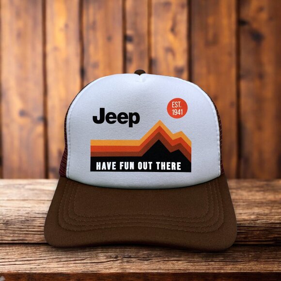 Jeep Mens Trucker Hat Brown Snapback 70s Vintage Logo Baseball Cap - Picture 1 of 4